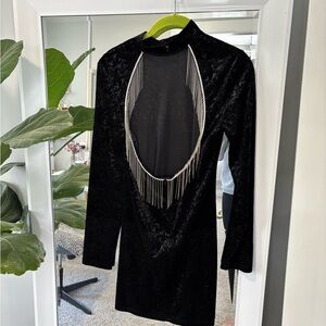 Black Velvet mini Dress with Fringe back Detail